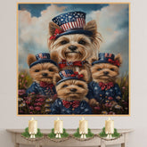 Yorkshire Terrier Dog Family in Patriotic Outfits and Flag Hats with Red Bows for Fourth of July Celebration on Ready to Hang 1.5" Thick Canvas Wrap, Floating Framed Canvas, Flat Rolled Canvas